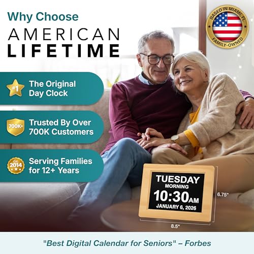 Image of American Lifetime New 2026 Dementia Clock Large Digital Clock for Seniors, Alzeimer Clock Large Display with Custom Alarms, Clock with Day & Date for Elderly, Digital Calendar Premium Light Wood