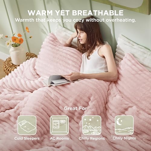 Image of Bedsure Full Fluffy Comforter Set - GentleSoft 3 Pieces Luxury Fleece Pink Bedding, Cozy Room Decor Aesthetic, 1 Full Bed Comforter (82 inchx86 inch) and 2 Pillowcases (20 inchx26 inch)
