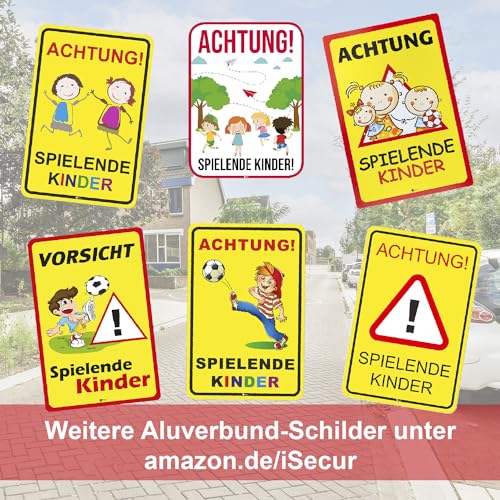 Warnschild I Achtung Spielende-Kinder I Aluverbund-Schild I 20 x 30 cm groß I 3 mm Stark I mit UV Schutz-Laminat I Wetterfestes Hinweisschild I hin065
