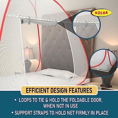 Image of KOLAR Supreme On Mosquito Net for Single Bed|Polyester 30 GSM|Foldable Machardani |Strong and Durable|Tent Type Corrosion Resistant - White Red Color