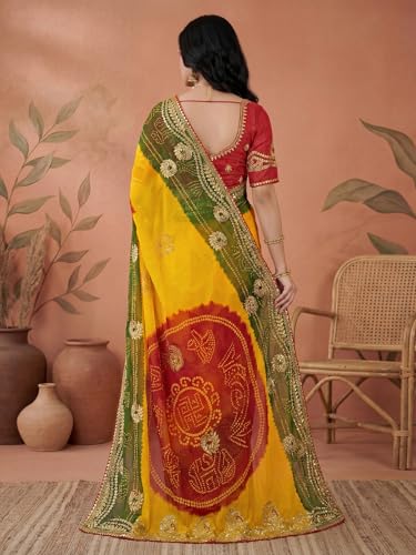 Image of SIRIL Women's Bandhani Printed Embroidery Georgette Saree with Unstitched Blouse Piece