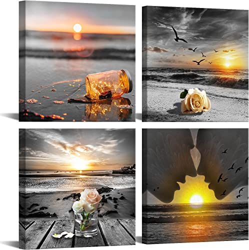Yxbhhym-Wall Art Bedroom Rose Picture Black And White Beach Wall Décor Gold Sea Sunrise Canvas Print Ocean Poster Seascape Painting Romantic Couples Artwork Bathroom Wall Art For Living Room Décor #TOP12