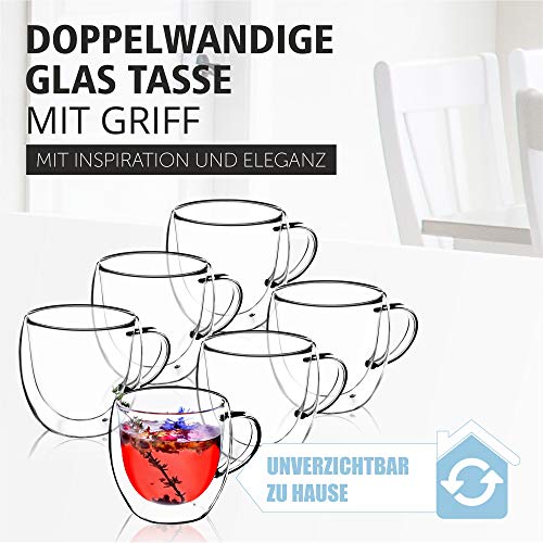 KADAX Taza de cristal de doble pared de 250 ml, vaso de cristal con mango ancho, para jugo, té, café, capuchino, agua… - Imagen 4