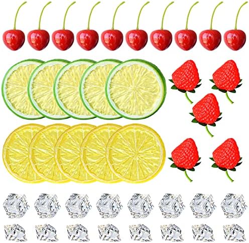 Chewarelly 70 Pcs Fake Fruits Ice Cube Set, Include 10 Artificial Lemon Slice 10 Simulation Cherries 5 Fake Strawberry 45 Fake Crushed Ice and Ice Cubes for Home Kitchen Decoration Photography Prop