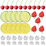 Chewarelly 70 Pcs Fake Fruits Ice Cube Set, Include 10 Artificial Lemon Slice 10 Simulation Cherries