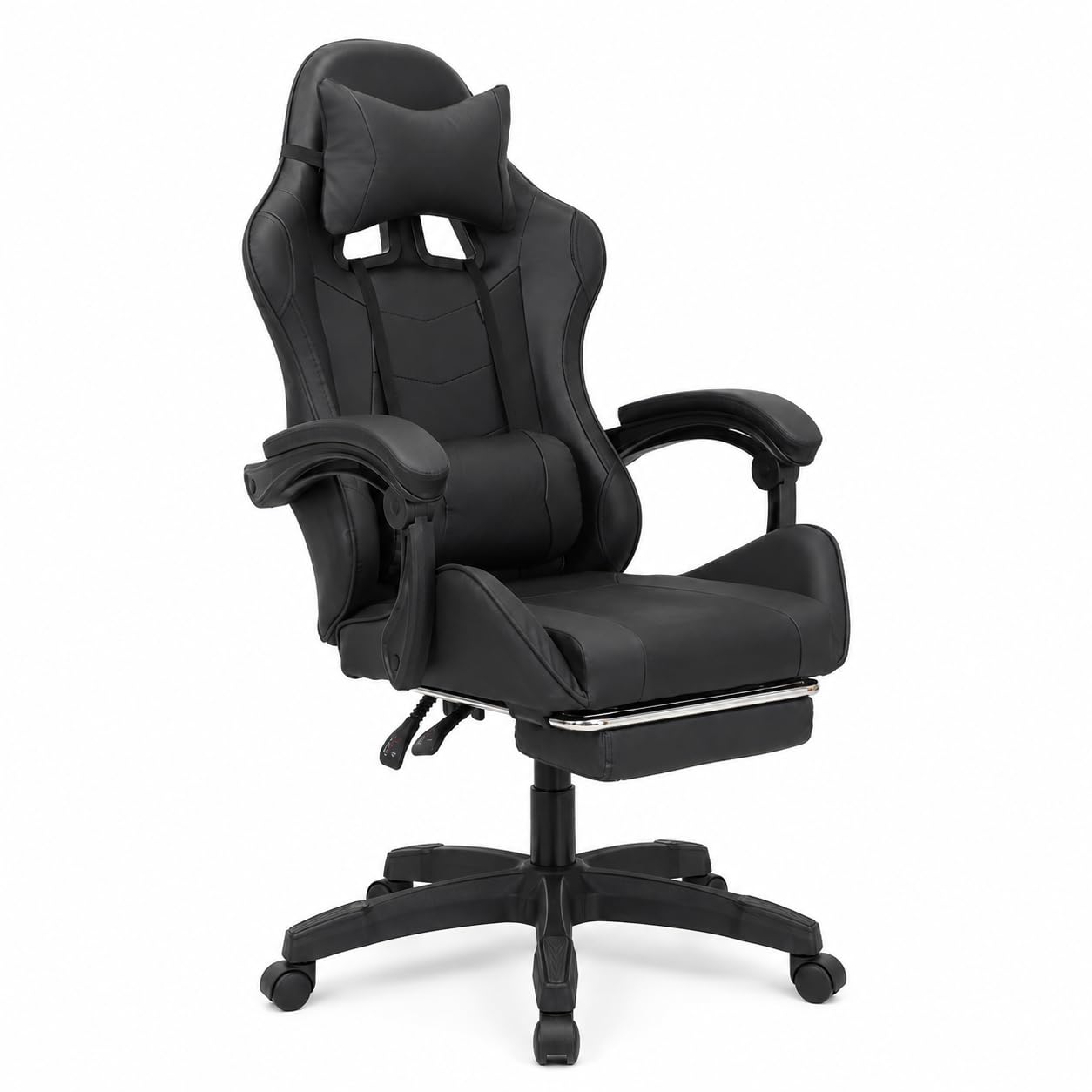 GARDENIA Poltrona Gaming Nera in Ecopelle, Sedia da Gaming Ergonomica con Seduta Imbottita, Schienale Reclinabile, Poggiapiedi Estraibile, Cuscino Lombare e Ruote in Nylon