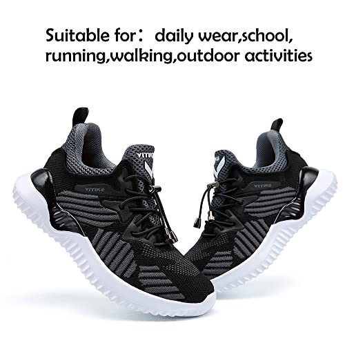 Jmfchi Boys Girls Kids' Sneakers Knitted Mesh Sports Shoes Breathable Lightweight Running Shoes For Kids Fashion Athletic Casual Shoes Black/Grey #TOP4