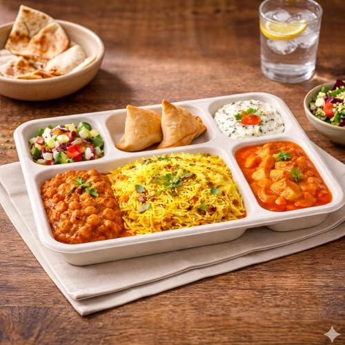 Image of Disposable Paper Plates 5 Compartment Meal Tray Pack of 25 | Eco Friendly Disposable Food Tray | Home Use, Party, Picnic, Restaurant & Catering Use | Leak Proof & Heavy Duty