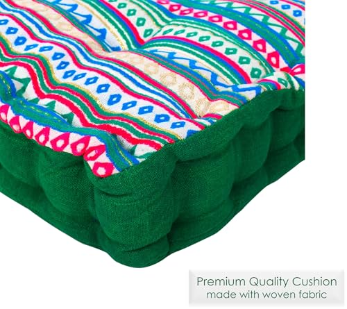 Image of Reversible 60x60x10 cm Woven Quilted Green Boho Floor Cushion with Cotton Filler for Seating, Patio Seat, Meditation, Yoga, Pooja, Guests, Living Room, Bedroom, Large Size 24x24x4 Inch