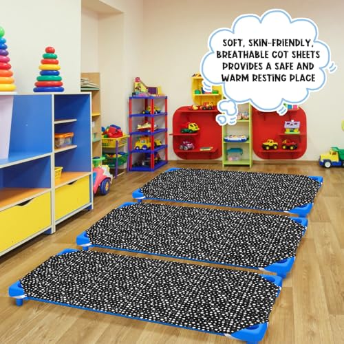 Image of Peryiter 6 Pcs Cot Sheets for Daycare Standard Size 24 inch x 51 inch Toddler Nap Mat Sheets Star Pattern with Corner Elastic Loops Breathable Bed Fitted Cot Crib for Preschool Child Kid Boy Girl (Black)