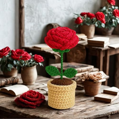 Image of VCR Handmade Crochet Red Rose Pot - Pack of 3 - Hand Woven Knitted Artificial Red Rose Pot Hand Knitted Flower for Office Desk, Table, Car, Bedroom, Wedding & Special Occasions