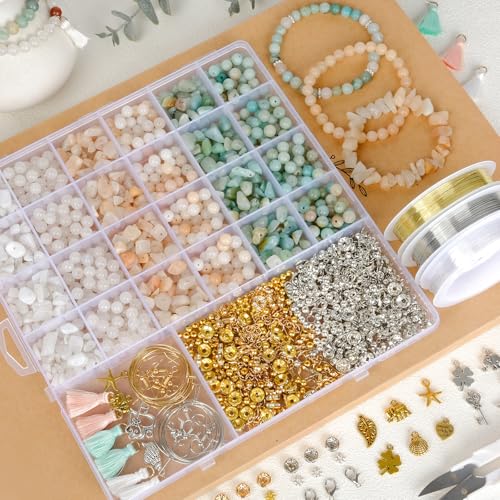 RUBY Naturstein Perlen für Armbänder, 6mm Edelstein Perlen zum Auffädeln, reicht für ca. 24 Armbänder Schmuck Selber Machen Set aus Amazonit, Rosa Aventurin & Weißjade