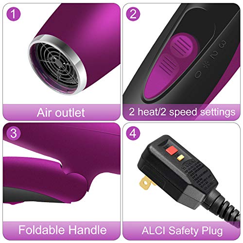1600W Travel Small Hair Dryer Lightweight,Confu Portable Quiet Compact Hair Dryers With Folding Handle Ceramic Tourmaline,Diffuser Hairdryer,Purple #TOP3