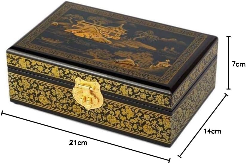 Magnifique petite boite en bois noir et doré laqué décor floral rose rangement bijoux - Décoration
