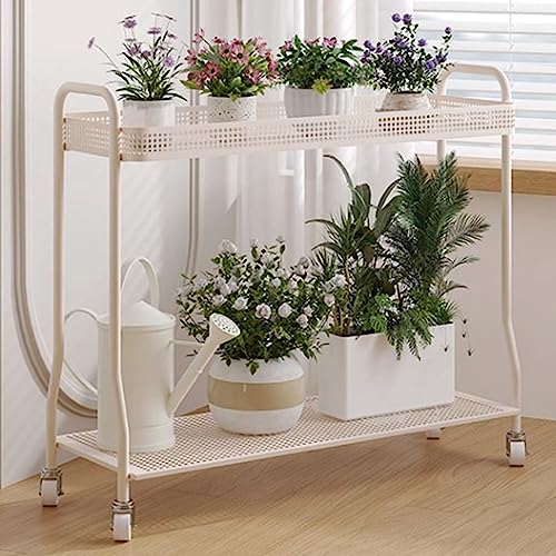 Étagère à plantes en métal à 2 niveaux avec roulettes pour pots de fleurs et salon