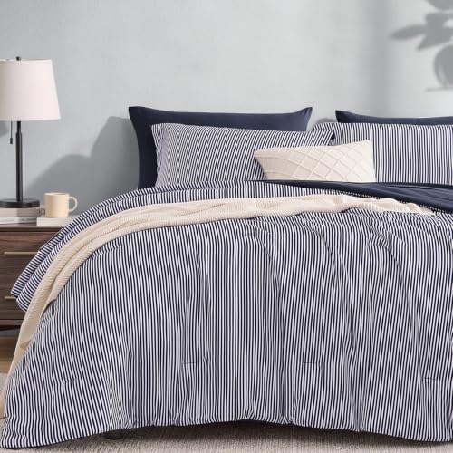 Image of Monbix Queen Comforter Set-7 Pieces Soft Bed in a Bag Queen Bedding Sets | Crown Blue Vertical Ticking Stripe Lightweight All Season Comforter Set with Sheets, Pillowcases & Shams
