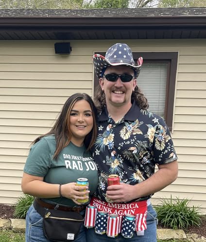 Image of Men's Mullet Wig with USA Bandana - Long Curly Patriotic Mullet Wig for 4th of July, Hillbilly Costume, Redneck Party, Cosplay (Medium Brown)