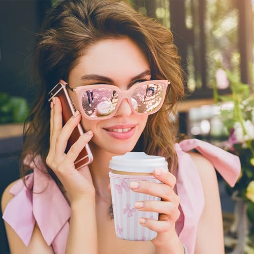 Image of Reusable Insulated Sleeve for Iced Coffee Cup, Coffee Neoprene Sleeve for Cold & Hot Drinks, Beverage Holder for Iced Coffee (Pink Stripe Bows, Small: 16-18oz)