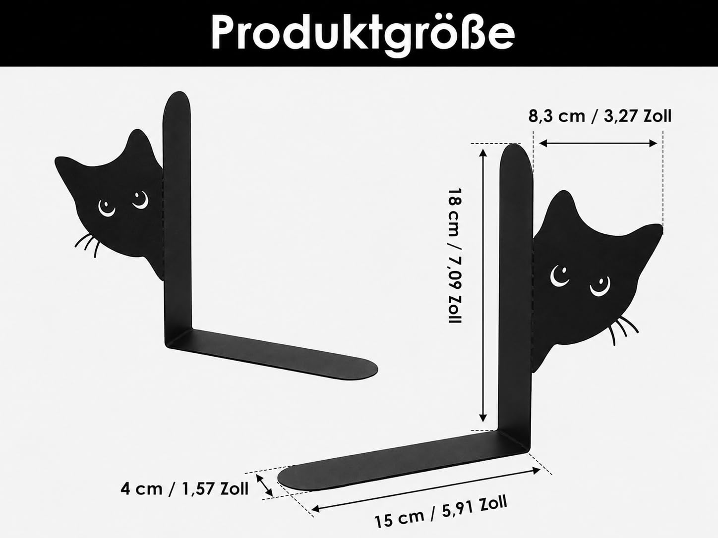 Serre-livres en métal, 2 pièces Créativité Chat Support de livres 15×4×18 cm (Largeur de la tête de chat 8,3 cm) Support de livres en métal pour l'école, le bureau et la maison, Noir (Visage