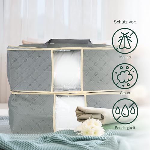 Relaxdays Aufbewahrungstasche für Bettdecken, 2er Set, 3-seitiger Reißverschluss, atmungsaktiv, Vlies, Deckenhülle, grau