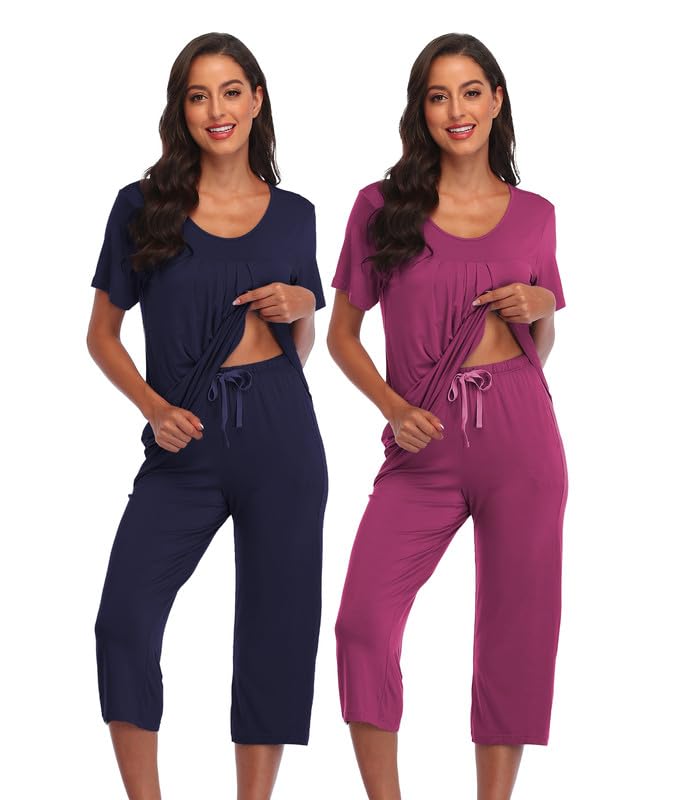 COLORFULLEAF Damen Schlafanzug Kurzarm Pyjama Set aus Bambus Zweiteiliger Kurzarm Nachtwäsche und Schlafanzug 3/4 Hose