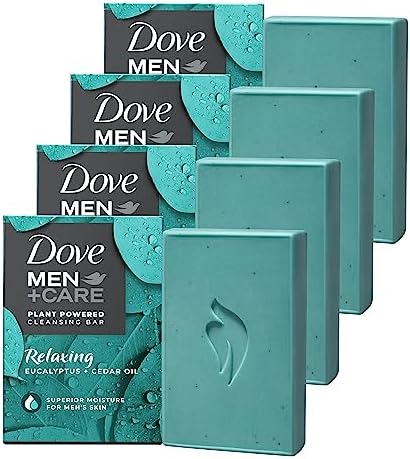 Dove Men + Care Natural Essential Oil Bar Soap to Clean and Hydrate Men’s Skin Relaxing Eucalyptus + Cedar Oil 4-in-1 Bar Soap for Men’s Body, Hair, Face and Shave 141 g 4 count
