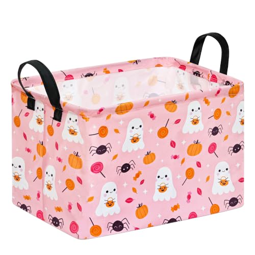 Image of Halloween Storage Basket Home Shelf Basket Rectangle Organizer Box Clothes Laundry Hamper Nursery Bin Gift Laundry Basket with Handles(Pink Cute Ghost Pumpkin)
