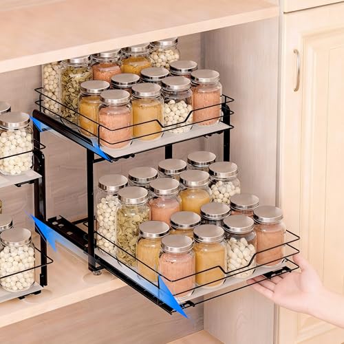 Philosun Spice Rack Organizer for Kitchen, Pull Out Spice Racks for Inside Cabinets, 2 Tier Spice Shelf Organizer for Cabinet Seasoning, No Drilling Install for Home Kitchen Space Saving, 1 Pack