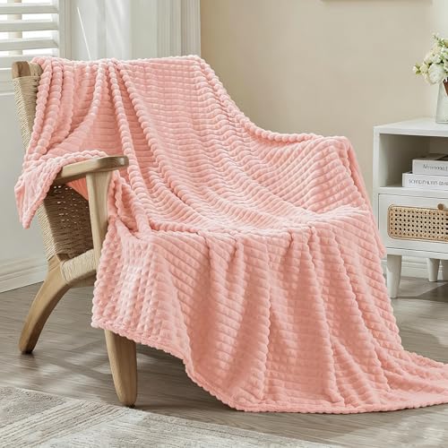 Image of EMME Fleece Blanket Twin Size Luxury Flannel for Couch Bed Sofa Chair, Soft, Plush, Warm and Cozy Blanket with Geometric Grid Design (Pink, 60'' x 80'')