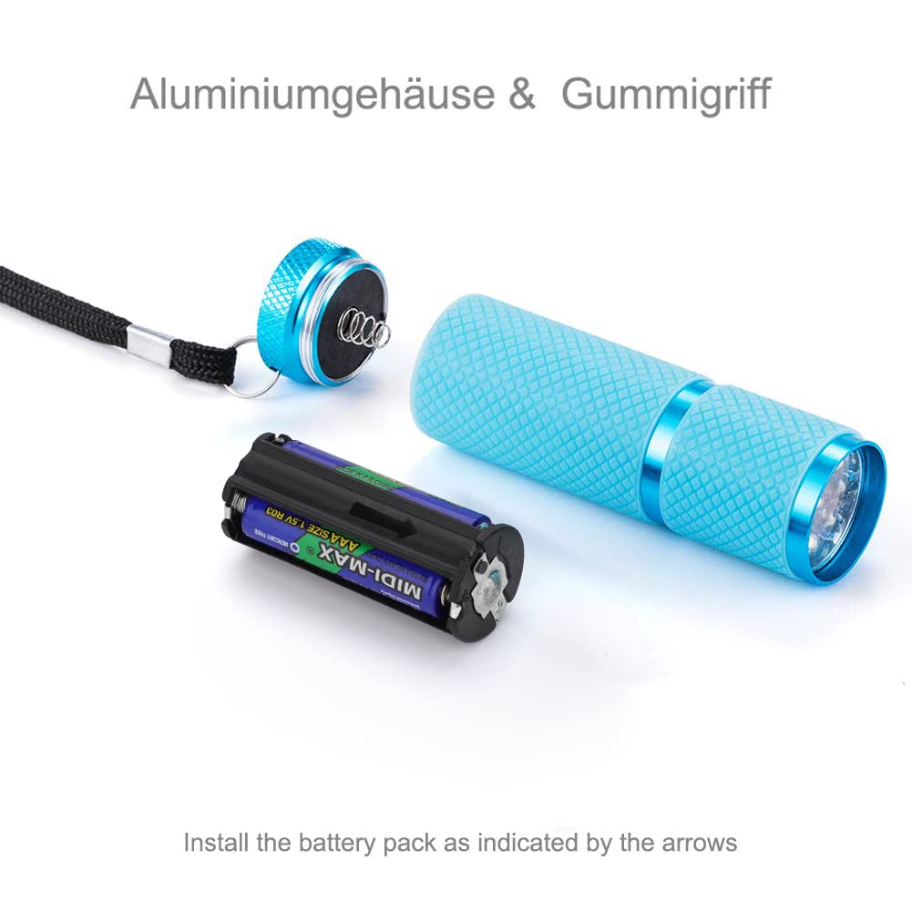AXFEE Torcia a LED, 2 pezzi, impermeabile, piccola luminosa, con 9 LED, in alluminio, per bambini, con cordino e impugnatura in gomma, per campeggio, escursioni, emergenze all'aperto (rosa + blu