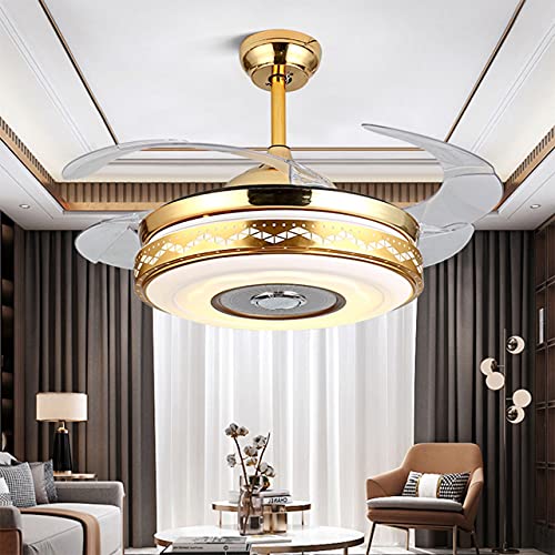 One-Day Sale: Up to 40% Off Retractable Fandelier Ceiling Fan Light with Bluetooth, Modern 42" Indoor Modern Invisible Enclosed Ceiling Fan Chandeliers with LED Light and Remote for Bedroom Dining/Living Room (Gold-A)