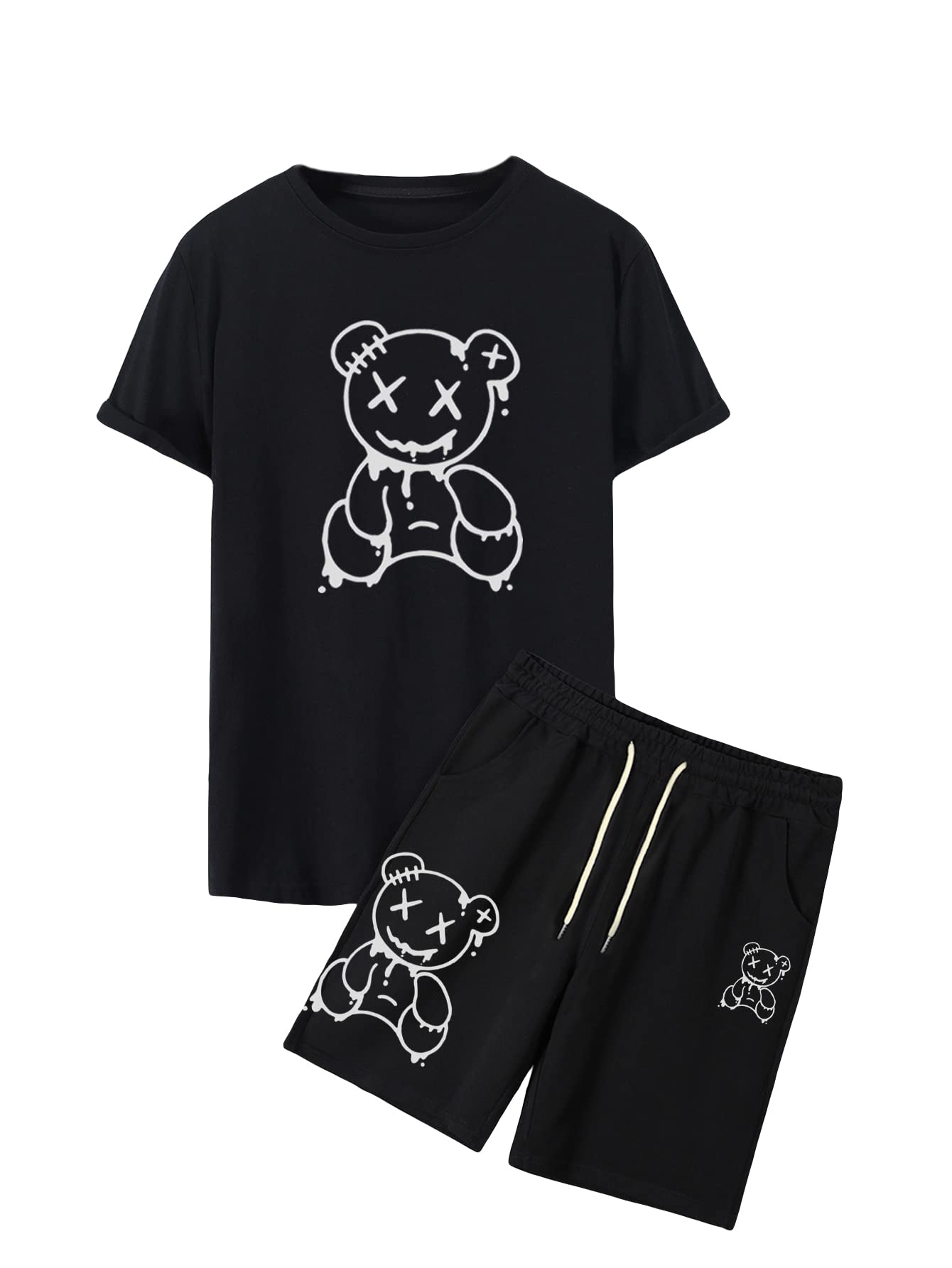 GORGLITTERMen's Bear Graphic Tracksuit Vacation Outfits Short Sleeve T Shirts and Shorts Matching Set