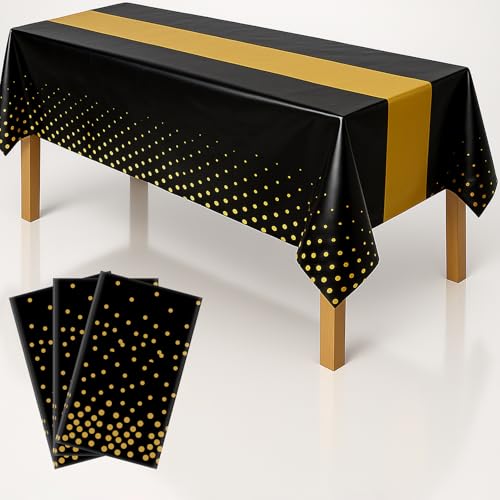 Image of 3Pcs Black and Gold Graduation Tablecloth, Graduation Decorations 2026, Retirement Party Decorations for Rectangle Tables, 54 inchx108 inch Disposable Plastic Table Cover for Congrats Birthday Wedding