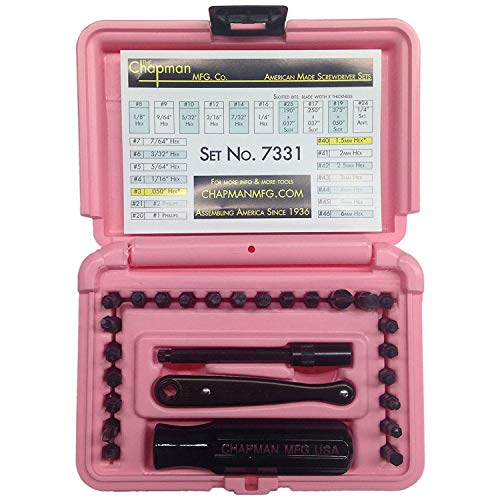 Chapman MFG 7331 All-Purpose Standard Screwdriver Set - Includes Phillips, SAE Allen Hex & Slotted/Flathead Bits - Complete Set Offers 24 USA Made Insert Bits + Mini Ratchet Hand Tool (Pink Case)