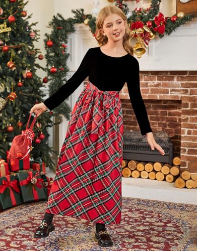 Image of KYMIDY Girl Maxi Dress Kids Casual Buffalo Check Plaid Long Sleeve Dresses with Pockets(6-14yrs)