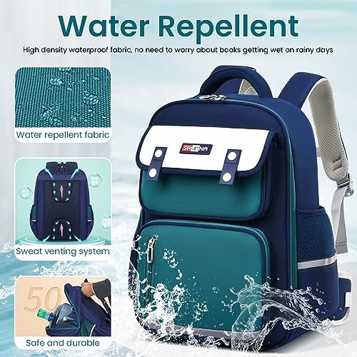 Image of SANNIDHI Modern Blue Waterproof School Backpack, 15.7*11.8*7.1 inches, Unisex, 3 - 10 Years, Elementary School, Daypack Backpack with Padded Shoulder Strap and Zipper Closure