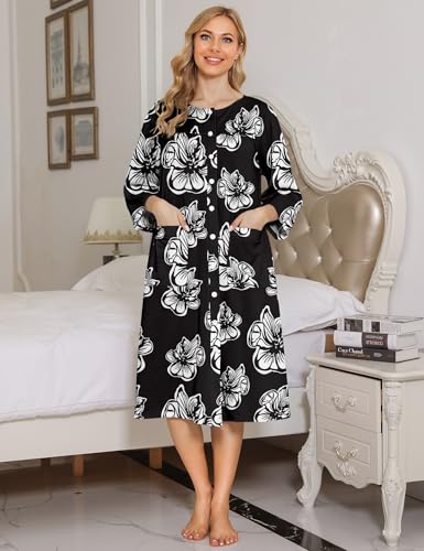 Image of Bloggerlove House Dress Women Cotton Snap Front Nightgown 3 /4 Sleeve Housecoat Duster Robe with Pockets Moomoo Patio Dress
