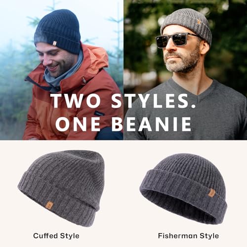 Image of TOP-EX PolarWool 100% Merino Wool Short Fisherman Beanie Men Women | Two size options with soft breathable warmth two wearable styles for commuting travel outdoor wear and gifting