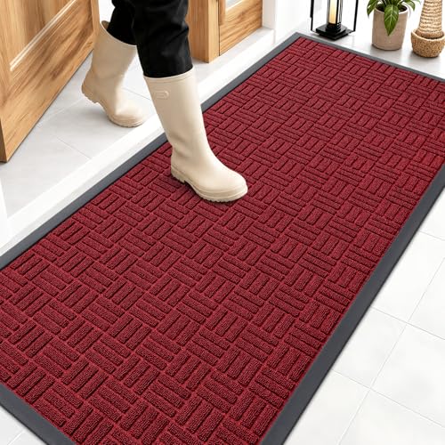 Image of OLANLY Front Door Mat Outside Entrance 59x23, Absorbent, Heavy Duty Sturdy Natural Rubber Doormat Indoor Outdoor, Non-Slip, Stain and Fade Resistant, Low Profile Floor Mat for Entryway, Black Red