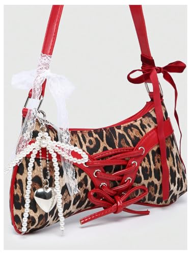 Verdusa Women's Y2K Coquette Bow Tie Vintage Shoulder Bags Lace PU Leather Kawaii Purse Handbag3
