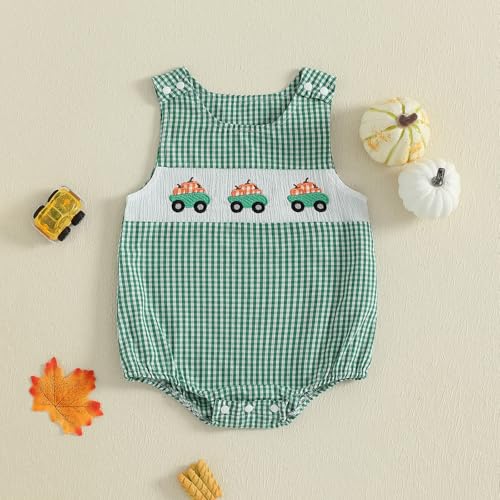 Baby Girl Pumpkin Embroidery Jumpsuit Halloween Sleeveless Round Neck Plaid Tank Romper2