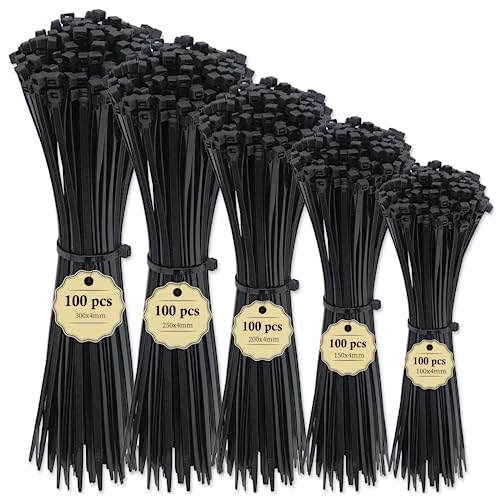 500PCS Cinchos de Plastico para Electricidad,Bridas de Plastico Autobloqueantes de 5 tamaños-10/15/20/25/30cm,Ancho 4 mm-resistentes a los rayos UV,Cintillos...