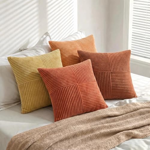 Image of Fancy Homi Set of 4 Boho Fall Decorative Throw Pillow Covers 20x20 Inch for Couch Bed Sofa Bedroom, Modern Farmhouse Home Decor, Soft Cross Striped Corduroy Patchwork Colorful Cushion Case 50x50cm