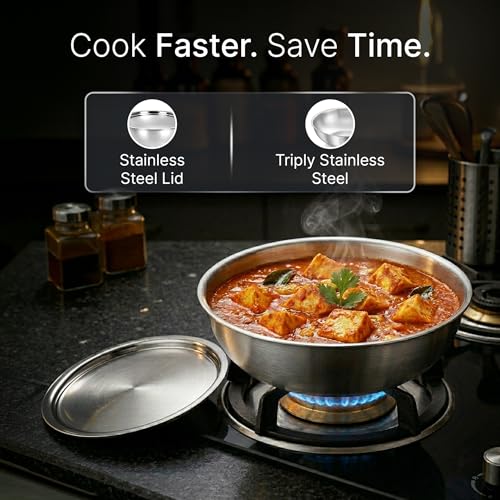 Image of AGARO Regency 24 cm Triply Stainless Steel Tasla with Lid, 2.7L, Induction & Gas Compatible, Even Heat, Non-Toxic, no Chemical Coating, Dishwasher Safe cookware for Kitchen-Ideal for Curry & Frying