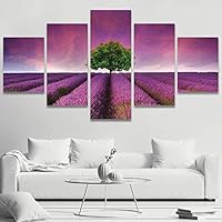 5 Panel Canvas Wall Art Lavender Flower Lonely Tree Pictures Modern Artwork for Home Decorations Ready to Hang - 60