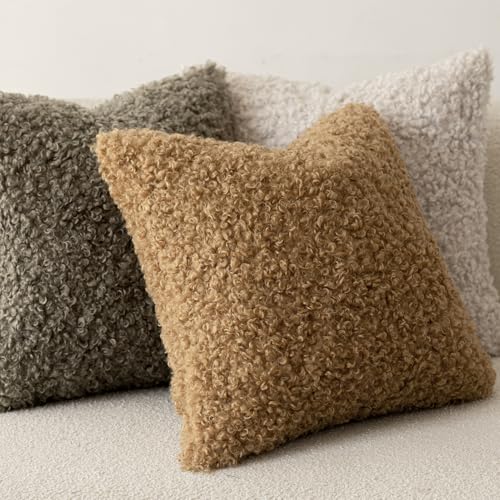 Image of Foindtower Set of 2 Curly Teddy Wool Pillow Covers Decorative Boucle Textured Lumbar Throw Pillow Faux Fur Pillowcases Sheepskin Cushion Case for Sofa Bedroom Car 12 inchx20 inch Bronze