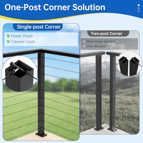 Image of 2Pack 36 inch Swageless Modular T-drilled Cable Railing Corner Post, Stainless Steel T304 Black Coated Surface Mount Three Sides 90Metal Post for Cable Railing System Deck Indoor Outdoor Balcony