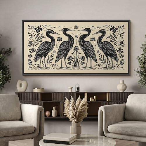 Image of MUDECOR Extra Large Framed Canvas Print Wall Art Folk Art Heron Birds Floral Black and Cream Antique Retro Ready to Hang Painting for Living Room Bedroom Multi-Sizes - 60 inchx30 inch