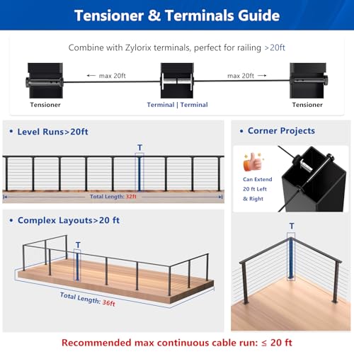 Image of 10 Pack Swageless Invisible Cable Railing Hardware, 2 inch No-Crimp Reusable T316 Stainless Steel Tensioner Terminal for 1 /8 inch & 1 /10 inch Black Cable, 2 inchx2 inch Metal Level Post & T-Drilled Corner Post
