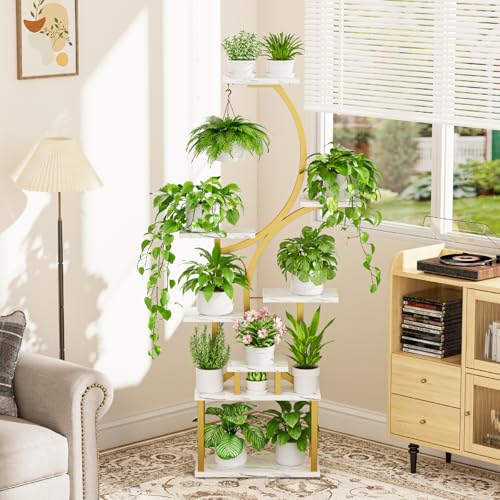 Image of Plant Stand with Grow Lights for Indoor Plants, 8-Tiered Tall Corner Plant Shelf with Full Spectrum Light, S-Shaped Space-Saving Narrow Flower Holder, Anti-Tip for Living Room Bedroom, Faux Marble